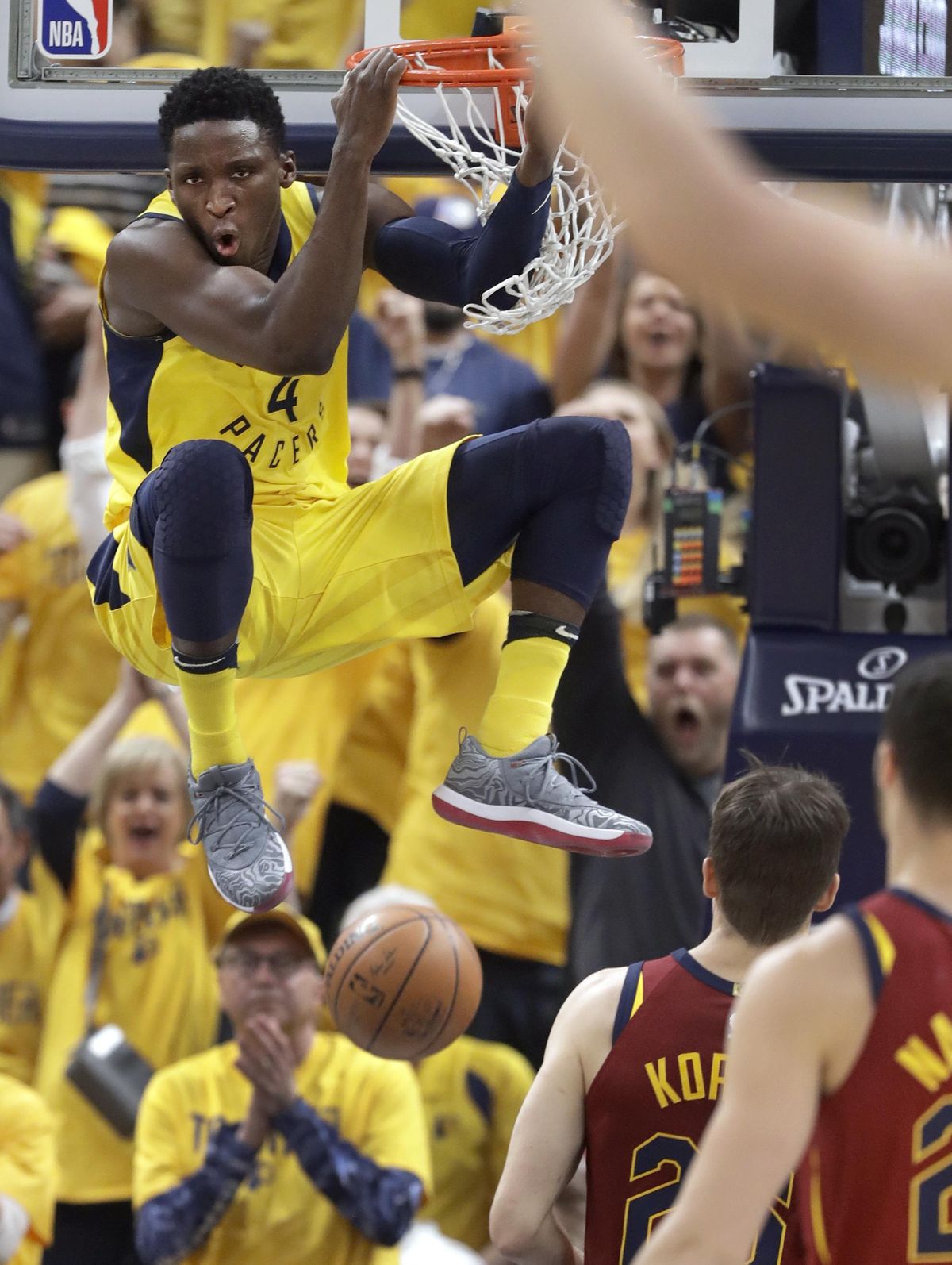Indiana Pacers’ Victor Oladipo dunks during the first half of Game 6 of a first-round NBA basketball playoff series against the Cleveland Cavaliers, Friday, April 27, 2018, in Indianapolis. (Darron Cummings / Associated Press)
