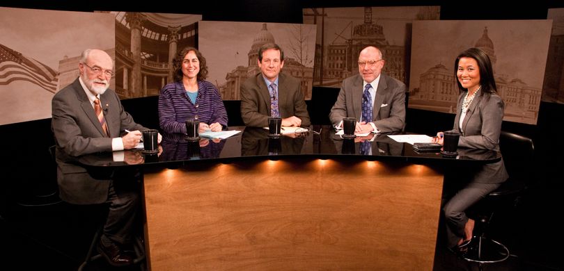 From left, Jim Weatherby, Betsy Russell, Dan Popkey, Marc Johnson, and host Thanh Tan on the set of 