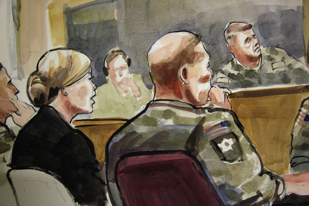 In this detail of a courtroom sketch, U.S. Army Staff Sgt. Robert Bales, seated at front-right, listens Monday, Nov. 5, 2012, during a preliminary hearing in a military courtroom at Joint Base Lewis McChord in Washington state. Bales is accused of 16 counts of premeditated murder and six counts of attempted murder for a pre-dawn attack on two villages in Kandahar Province in Afghanistan in March, 2012. At upper-right is Investigating Officer Col. Lee Deneke, and seated at front-left is Bales