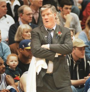 GU Head Coach Dan Fitzgerald gives an official his displeased look after a foul was called on the Zags during a game with San Diego.   The game was the last home stand for Fitz who retired after 15 years at the helm.  (Christopher Anderson / The Spokesman-Review)