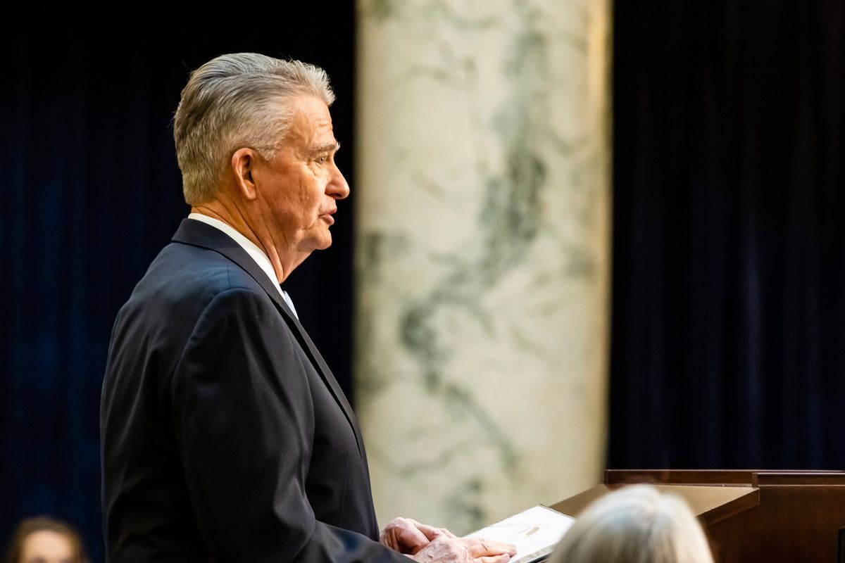 FILE - Idaho Gov. Brad Little delivers his State of the State address inside the House Chambers at the state Capitol building, on Jan. 10, 2022, in Boise, Idaho. Little says he won't participate in debates heading into next month's Republican primary. Little's campaign in a news release Friday, April 15, 2022, says the governor's accomplishments in his first term "are non-debatable."  (Associated Press)
