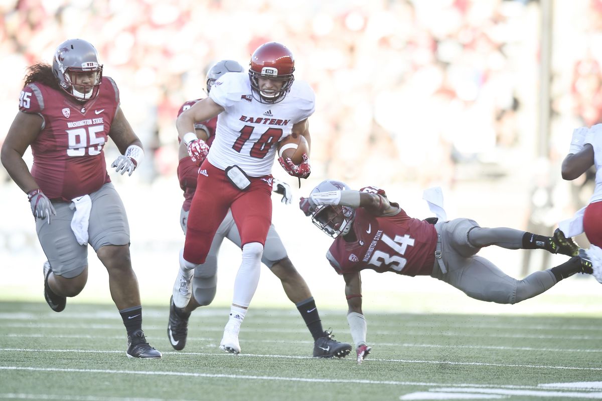 Eastern Washington wide receiver Cooper Kupp (10) runs after the catch during the 2016 season opener against Washington State. The Cougars will try to end a two-game skid against the Big Sky Conference Saturday when they play Montana State. (Tyler Tjomsland / The Spokesman-Review)
