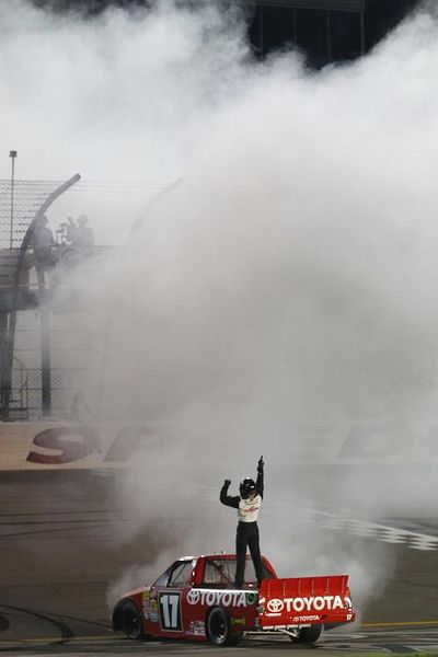 Timothy Peters celebrates winning the American Ethanol 200 at Iowa Speedway. (Photo Credit: Dilip Vishwanat/Getty Images) (Dilip Vishwanat / Getty Images North America)