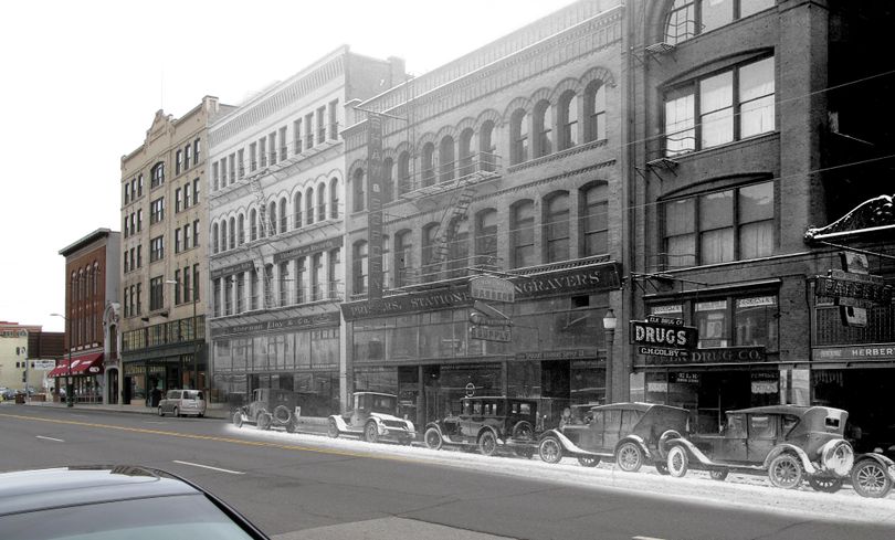 In this digital composite, a photo circa 1930 shows the south side of the 300 block of West Riverside Avenue. From left in the current portion are the Robertson Building, home of the Glen Dow Academy of Hair Design, and the Morgan Block, better known as the Fairmont Hotel. In the historical portion, from left, are the Bell, Shaw and Borden, and Nichols buildings. (Photo illustration by Jesse Tinsley)