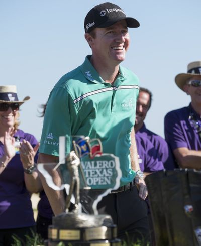 Jimmy Walker smiles after he won the Valero Texas Open in San Antonio by four strokes. (Associated Press)