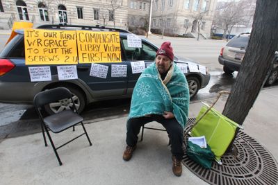 Former mine worker Mike Crill protests outside the Russell Smith Federal District Courthouse during the W.R. Grace trial in Missoula on Monday.  (Associated Press / The Spokesman-Review)