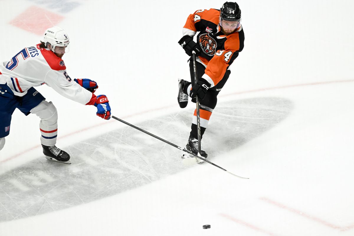 Medicine Hat’s Andrew Basha (34) takes a shot at the goal against the Spokane Chiefs during game one of the Western Hockey League Championship on Friday, May. 9, 2025, at Co-op Place in Medicine Hat, Alberta. Medicine Hat won the game 4-1. (Tyler Tjomsland/The Spokesman-Review)