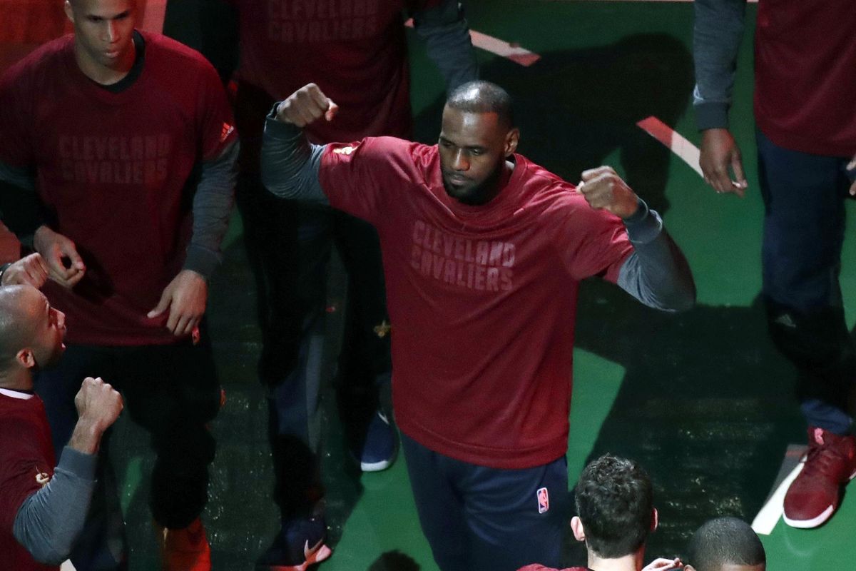Cleveland Cavaliers forward LeBron James is introduced before Game 2 of the NBA basketball Eastern Conference finals against the Boston Celtics, Friday, May 19, 2017, in Boston. (Elise Amendola / Associated Press)