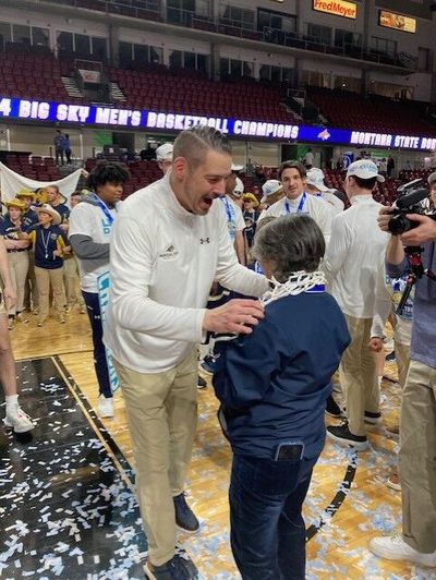 Montana State coach Matt Logie celebrates after the Bobcats won the Big Sky Conference Tournament championship on Wednesday in Boise.  (John Blanchette/The Spokesman-Review)