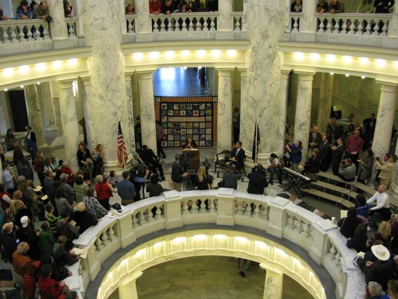 Holocaust survivor Rose Beal speaks in the Capitol rotunda at the state's official observance of Martin Luther King Jr./Idaho Human Rights Day on Monday. (Betsy Russell)