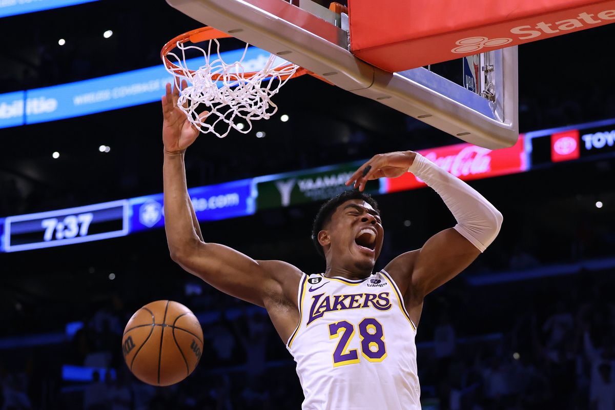 Rui Hachimura, of the Los Angeles Lakers, reacts to his dunk against the Memphis Grizzlies during the NBA playoffs on April 22 at Crypto.com Arena in Los Angeles.  (Getty images)