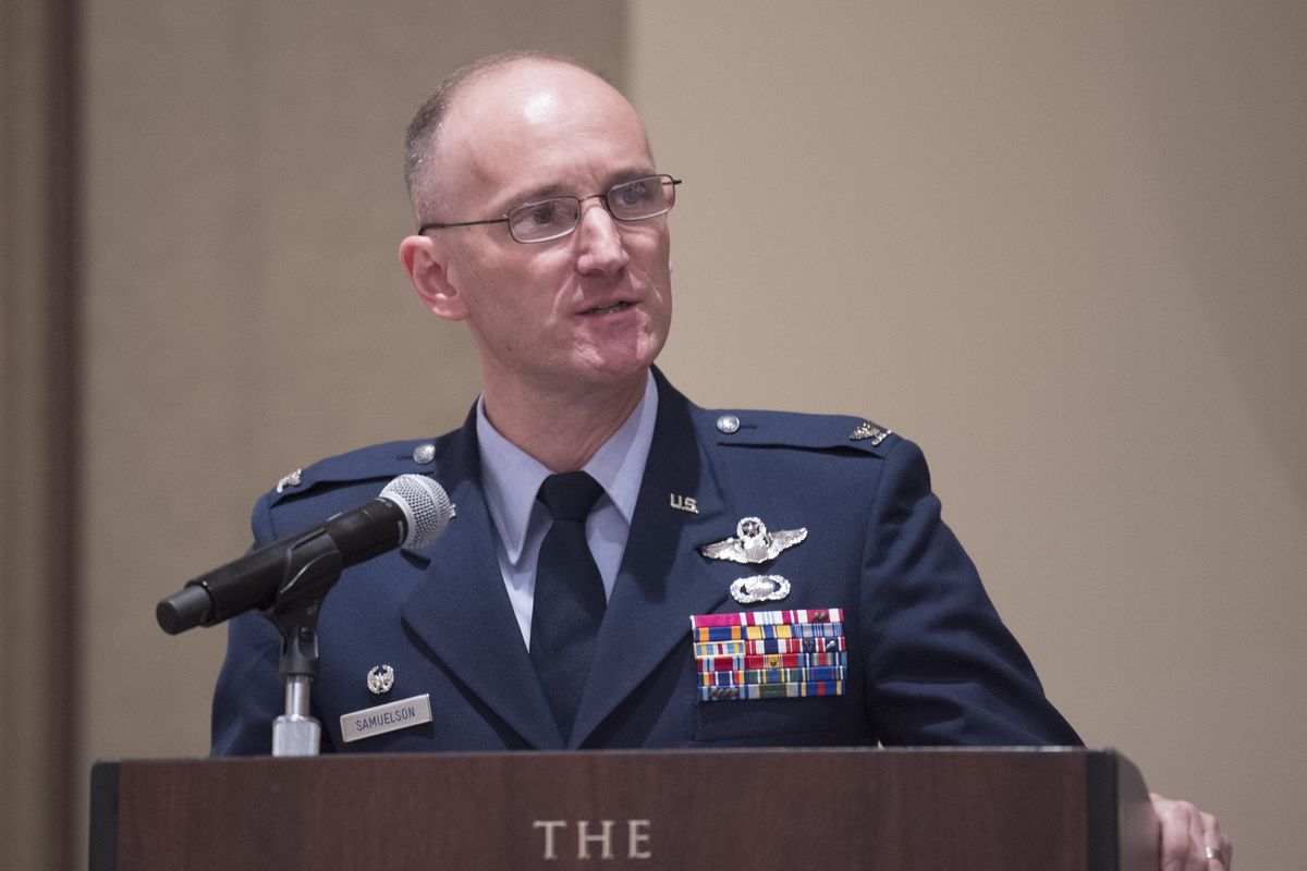 Col. Ryan Samuelson, Commander of the 92nd Air Refueling Wing at Fairchild Air Force Base, delivers the keynote address at the Lilac Festival All City Civic Military Luncheon, Thursday, May 18, 2017 at the Davenport Hotel. (Jesse Tinsley / The Spokesman-Review)