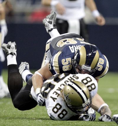 Ex-Idaho player David Vobora of the Rams suffered a concussion after hitting Saints’ Jeremy Shockey.  (Associated Press)