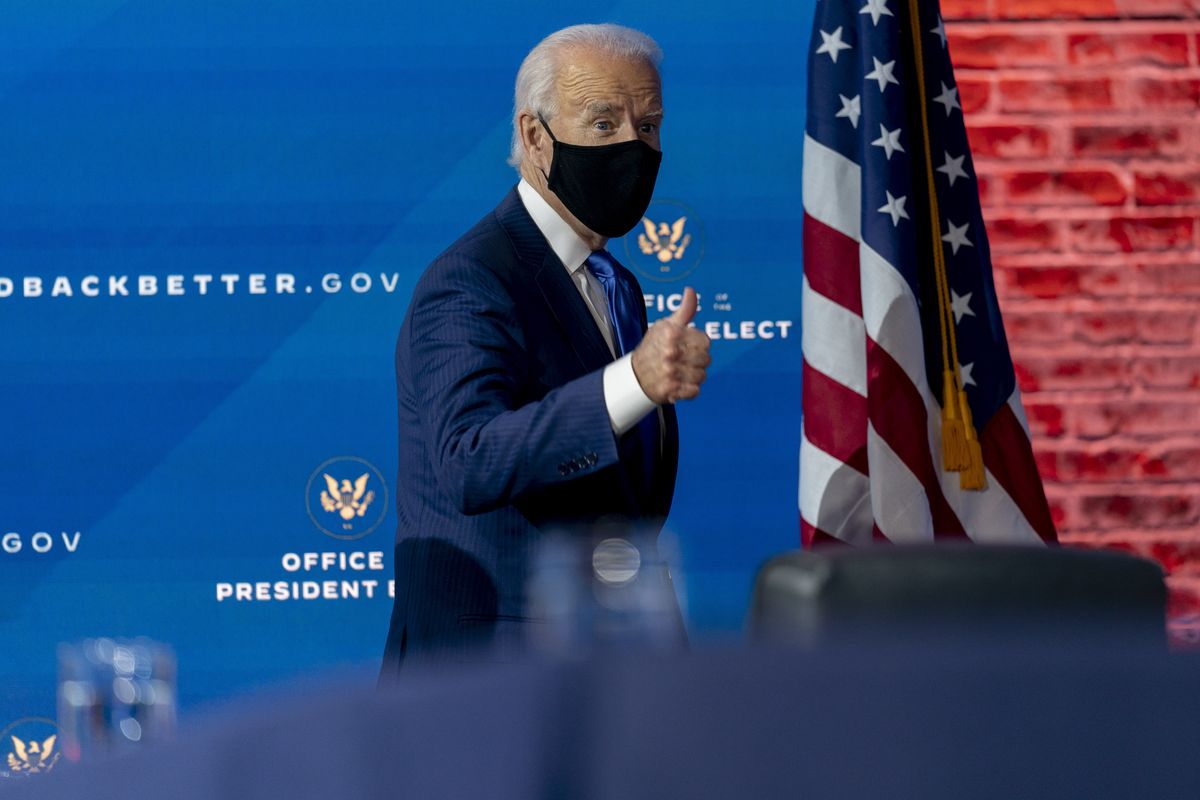 President-elect Joe Biden departs a news conference after introducing his nominees and appointees to economic policy posts at The Queen theater, Tuesday, Dec. 1, 2020, in Wilmington, Del.  (Andrew Harnik)