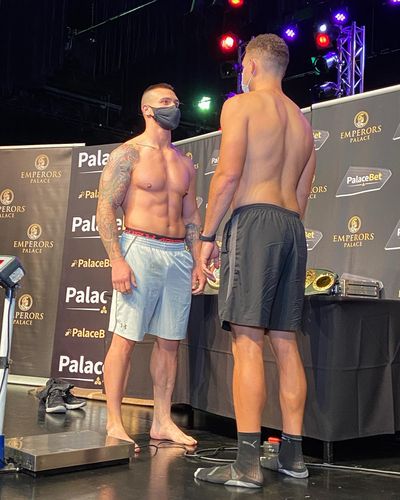 Spokane native Patrick Ferguson, right, and Kevin Larena weigh in before their cruiserweight fight in South Africa   (Twitter/Kevin Larena )