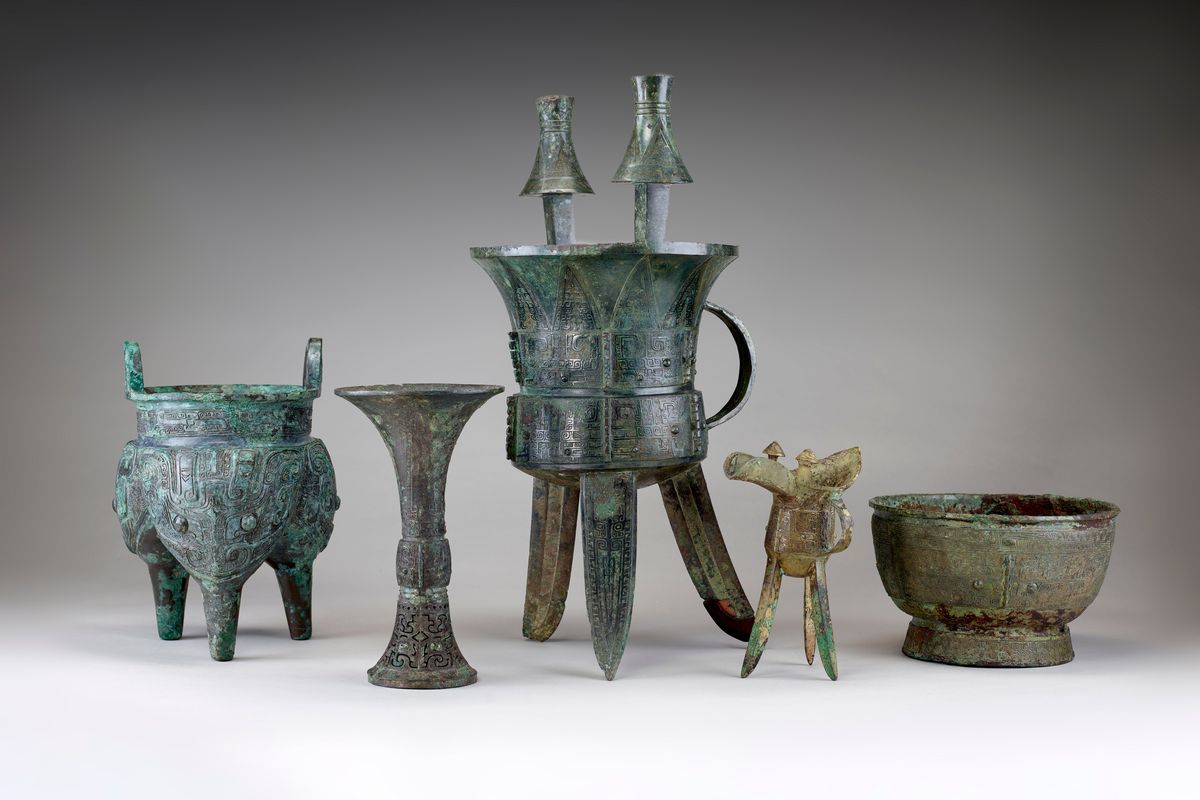 A group of early Anyang bronze ritual vessels, ca. 1250-1200 B.C., from left: a liding, gu, jia, jue and yu. MUST CREDIT: National Museum of Asian Art, Smithsonian Institution.  (National Museum of Asian Art/Handout)