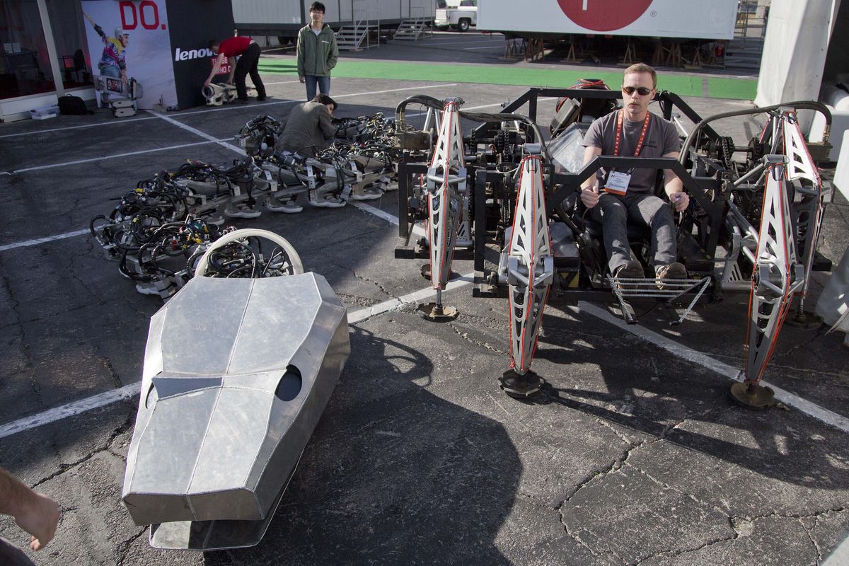 The Mondo Spider, a mechanical spider powered with hydraulics, is moved around its exhibit space. (Associated Press)