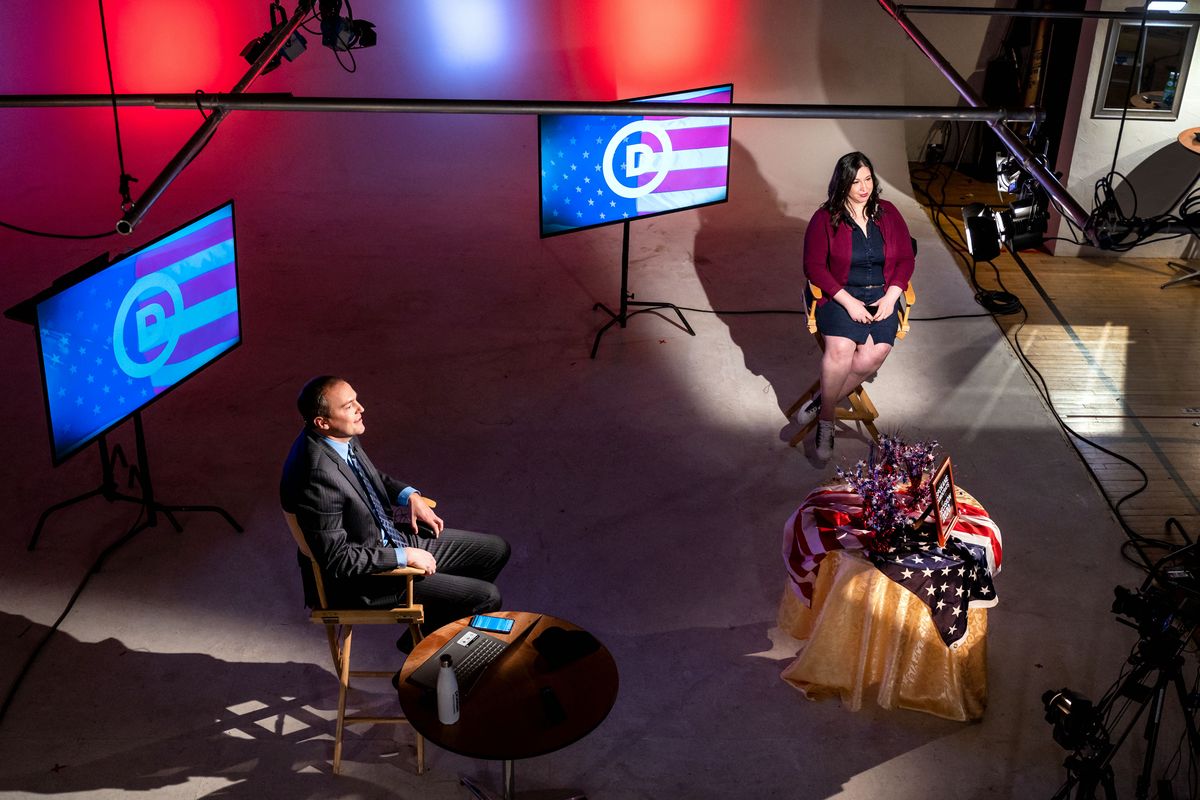 Instead of the usual election night gathering in a local ballroom, hosts 3rd District Rep. Marcus Riccelli and Spokane Democrats Chair Nicole Bishop broadcast a live streaming show Tuesday from Hamilton Studio in Spokane.  (Colin Mulvany/THE SPOKESMAN-REVIEW)