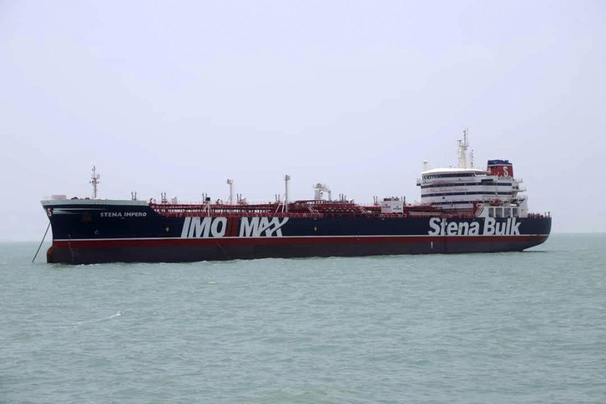 British-flagged oil tanker Stena Impero, which was seized by the Iran’s Revolutionary Guard on Friday, is photographed in the Iranian port of Bandar Abbas, on Saturday. (AP)