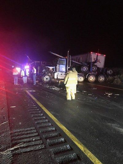 The scene of a semitruck crash on Dec. 3, 2019 near mile post 195 on Interstate 90. (Washington State Trooper Jeff Sevigney)