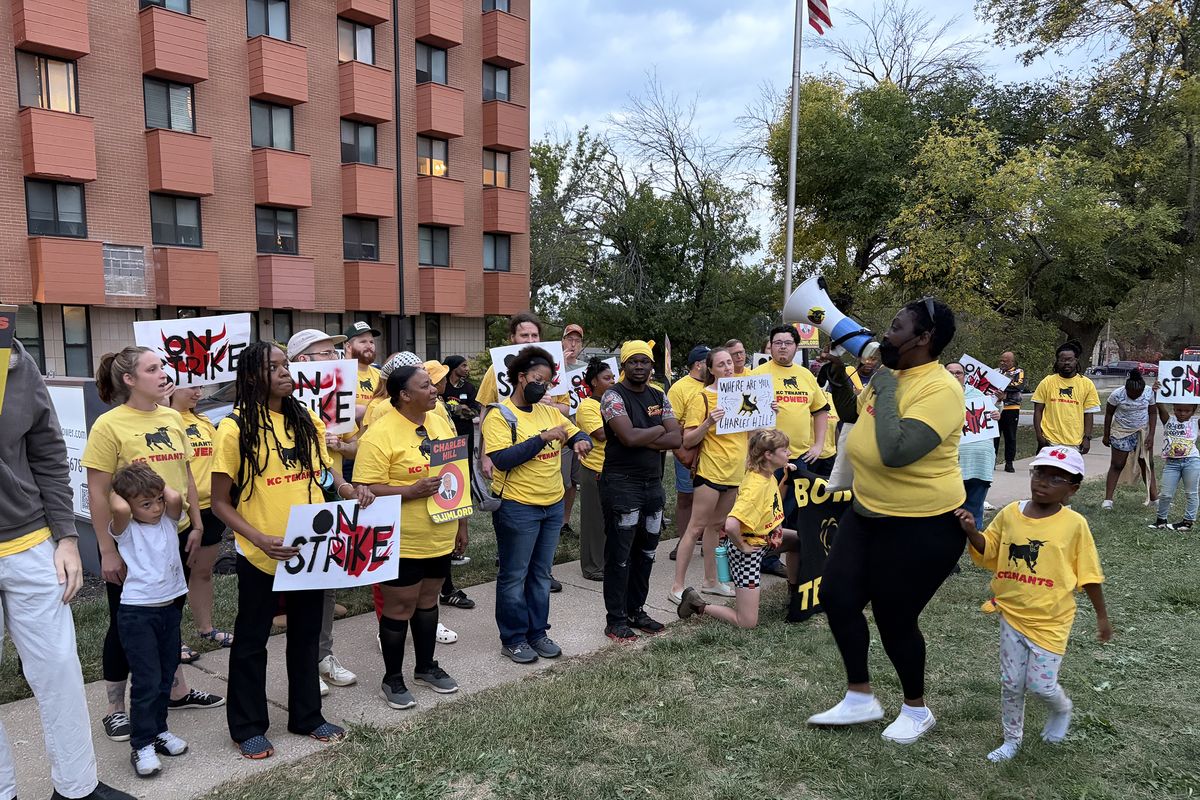 Bowen Tower residents and their supporters protest the condition of their apartment complex in Raytown, Missouri, on Oct. 17. (Caroline O