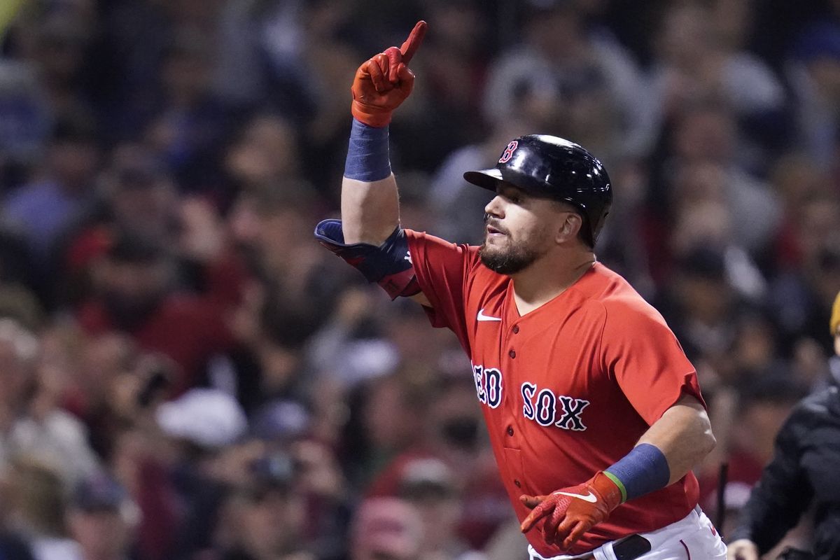 Boston Red Sox’s Kyle Schwarber celebrates his solo homer in the third inning of Tuesday night’s American League wild-card playoff game against the New York Yankees at Fenway Park in Boston.  (Charles Krupa)