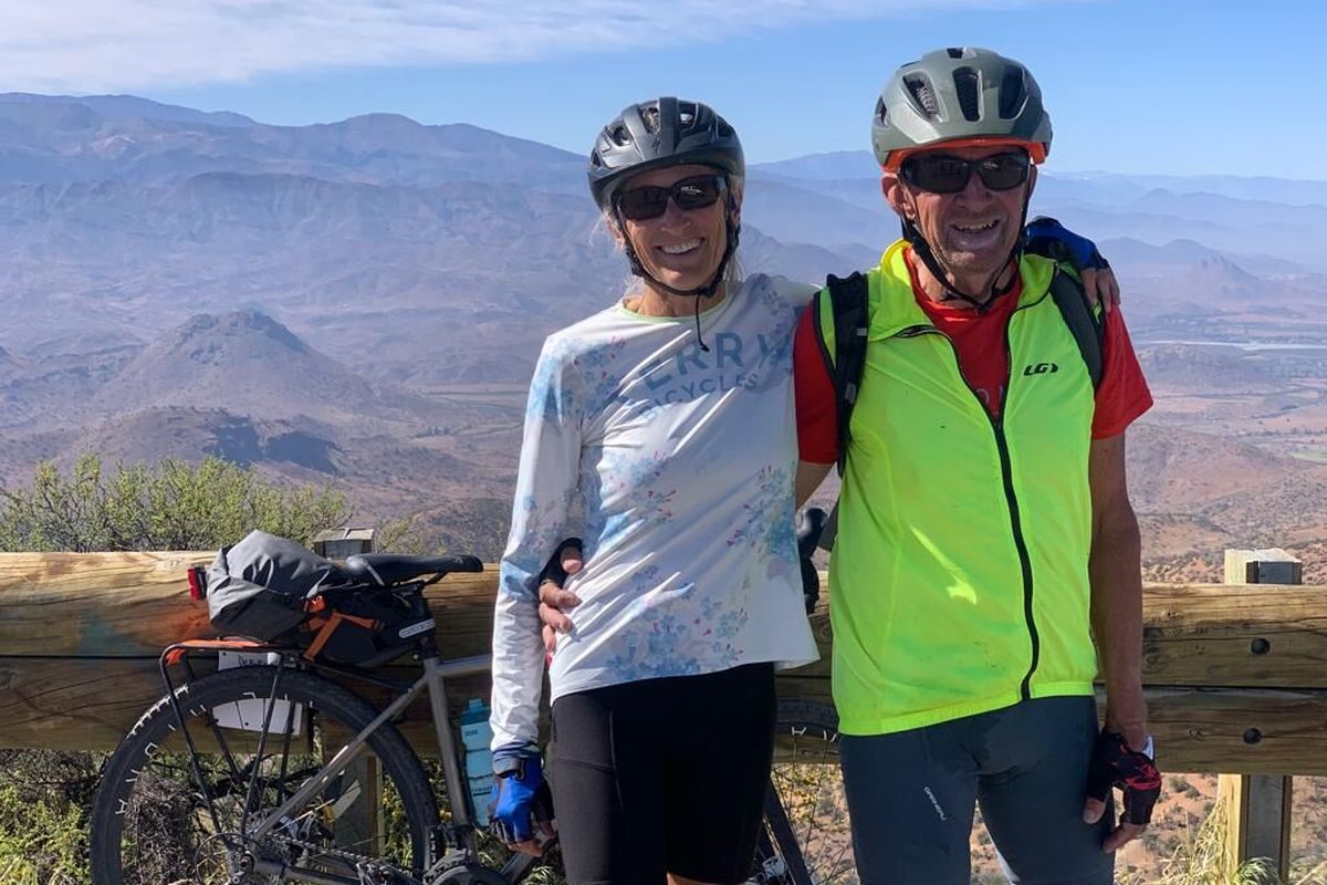 Jim Skeel and Barbara Smit pose for a photo on Skeel’s last day riding just north of Santiago Chile on Oct. 25, 2022.  (Courtesy of Barbara Smit)