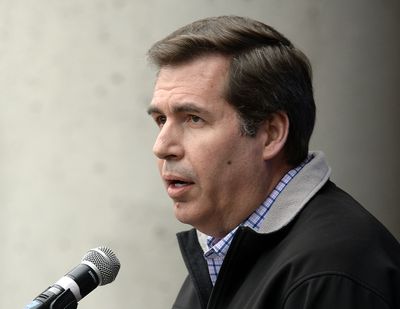 Gonzaga president Thayne McCulloh address the crowd at a rally for the GU basketball team, April 5, 2017, at the Foley Center.  (Dan Pelle/THE SPOKESMAN-REVIEW)