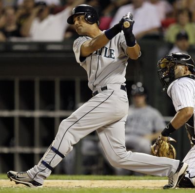 Seattle Mariners' Franklin Gutierrez hits a two-run double during the sixth inning of a game against the Chicago White Sox in Chicago, Wednesday, June 8, 2011. (Nam Huh / Associated Press)