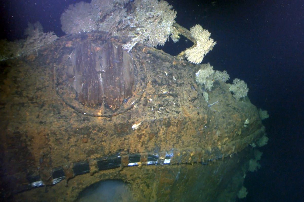 This March 1 image provided by Microsoft co-founder and philanthropist Paul Allen, captured with a high-definition camera mounted on an underwater probe, shows what Allen’s team believes is a massive Japanese World War II battleship off the coast of the Philippines. (Associated Press)