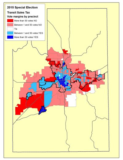 This is a map of the election night vote totals from the 2015 April Special Election for the STA sales tax proposal. (Jim Camden/Spokesman-Review)