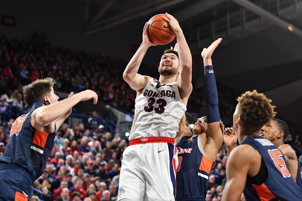 Gonzaga Bulldogs forward Killian Tillie (33) looks for an opening against the Pepperdine Waves during the first half of a college basketball game on Saturday, January 4, 2020, at McCarthey Athletic Center in Spokane, Wash. (Tyler Tjomsland / The Spokesman-Review)