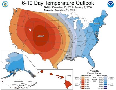 While the West stays warm next week, cooler than average temperatures are forecast for the eastern two-thirds of the nation.  (NOAA Climate Prediction Center)