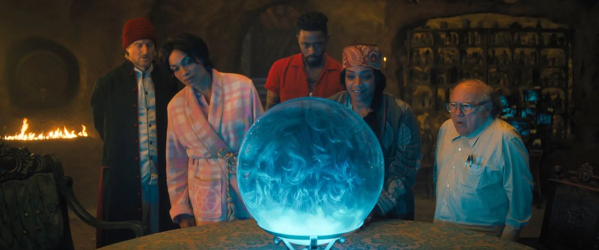 From left, Owen Wilson, Rosario Dawson, LaKeith Stanfield, Tiffany Haddish and Danny DeVito have to work together to escape the clutches of the “Haunted Mansion.”  (Disney)