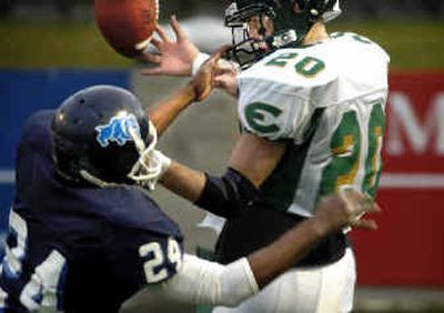 
Evergreen's David Reinikka, right, loses grip on ball with Brandon Kennedy making it tough on him.
 (Holly Pickett / The Spokesman-Review)