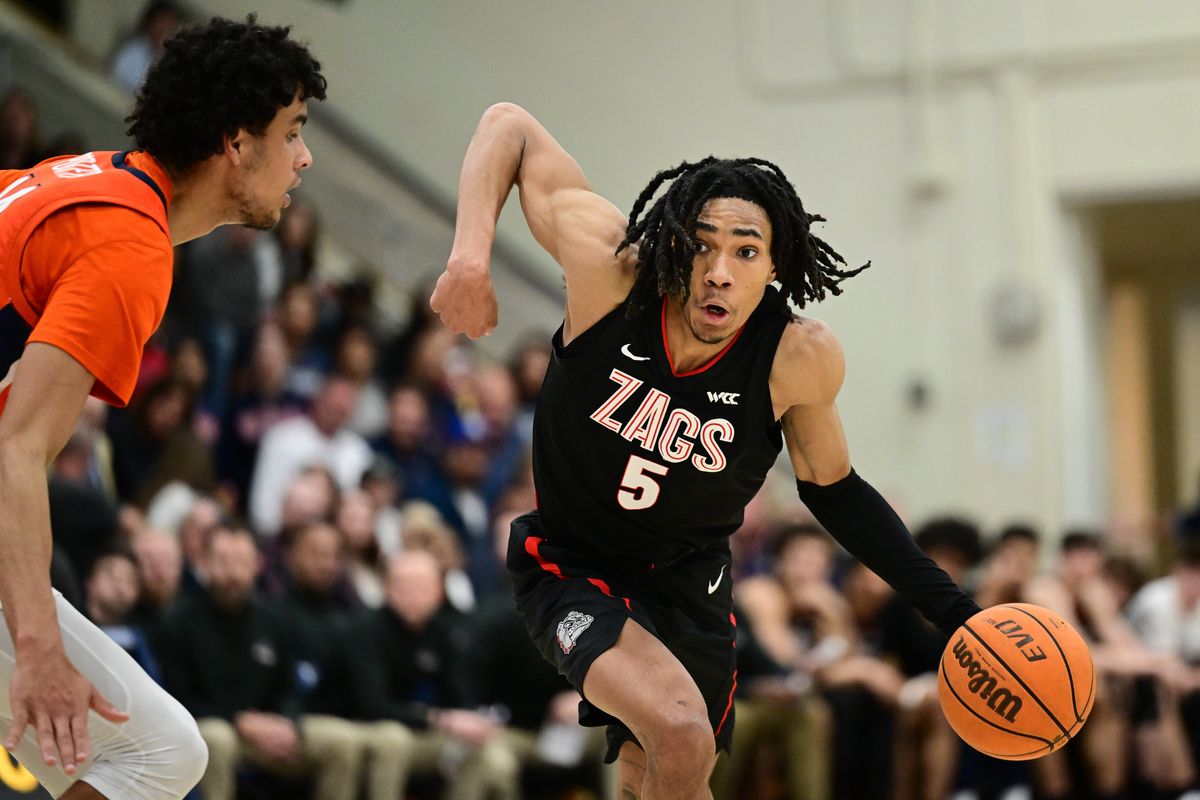 Gonzaga Bulldogs guard Hunter Sallis (5) drives to the basket against the Pepperdine Waves during the first half of a college basketball game on Saturday, Feb 18, at Firestone Fieldhouse in Malibu, Calif.  (Tyler Tjomsland/The Spokesman-Review)