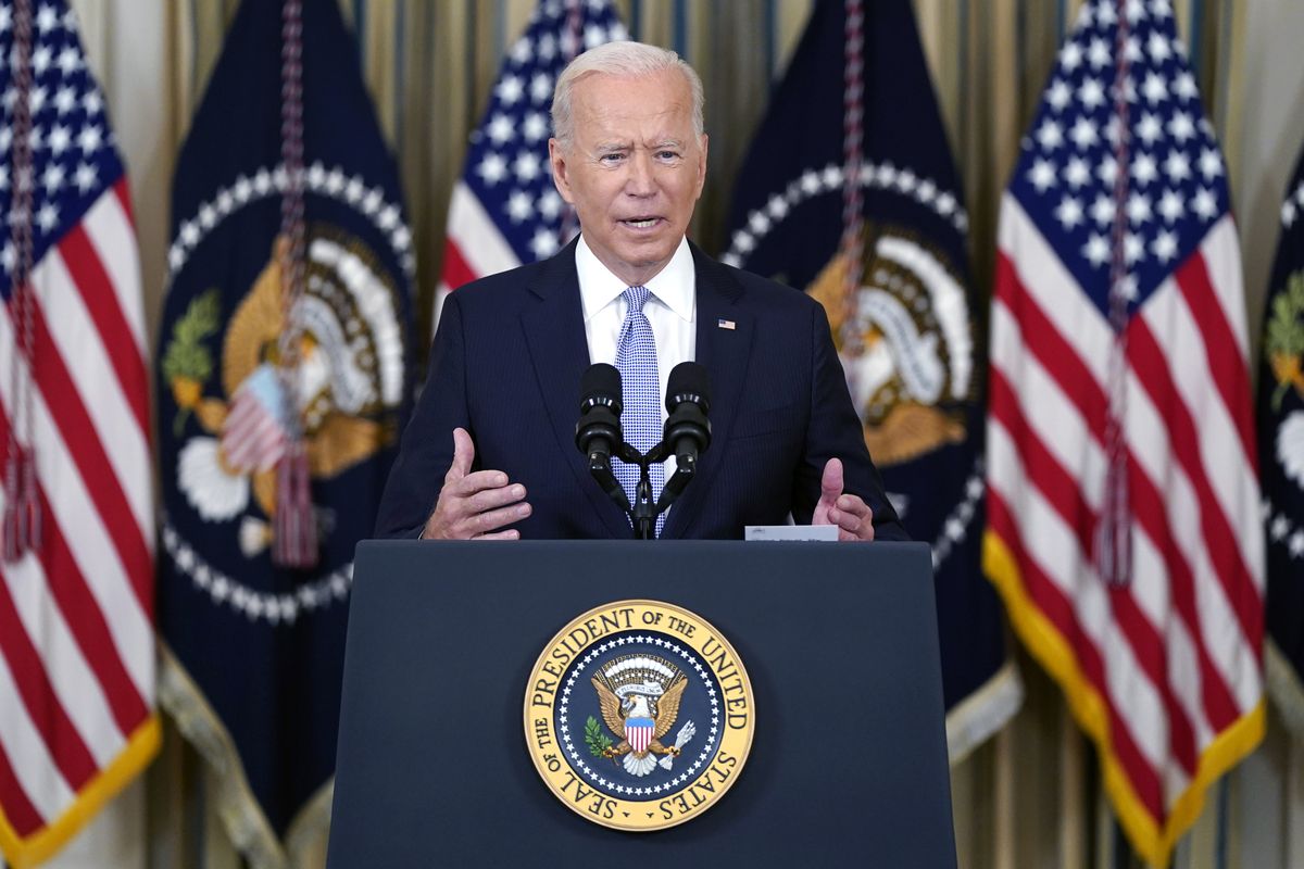 President Joe Biden speaks about the COVID-19 response and vaccinations in the State Dining Room of the White House, Friday, Sept. 24, 2021, in Washington.  (Patrick Semansky)