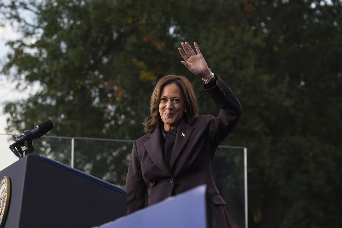 Vice President Kamala Harris delivers a concession speech after losing the 2024 presidential election to Donald Trump at Howard University in Washington on Nov. 6.   (Demetrius Freeman/The Washington Post)