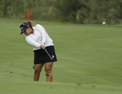 Lizette Salas hits to the sixth green during the third round of the Indy Women in Tech Championship golf tournament, Saturday, Aug. 18, 2018, Indianapolis. (Darron Cummings / Associated Press)