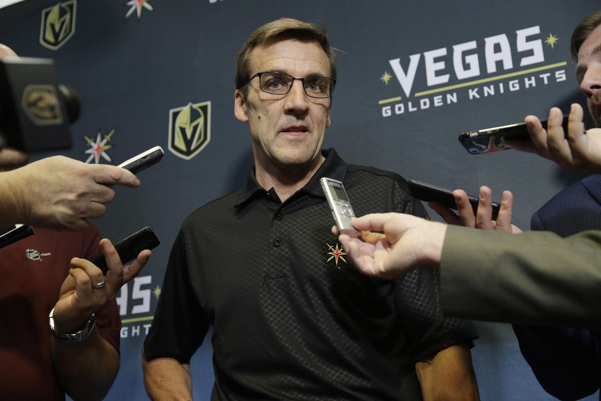 In this June 19, 2017, file photo, Vegas Golden Knights General Manager George McPhee speaks during a news conference in Las Vegas. While the expansion draft gets most of the attention in attempts to explain the unusual success of the expansion team, the moves made by McPhee in late February, when the trade deadline came along, have proven just as important. (John Locher / Associated Press)
