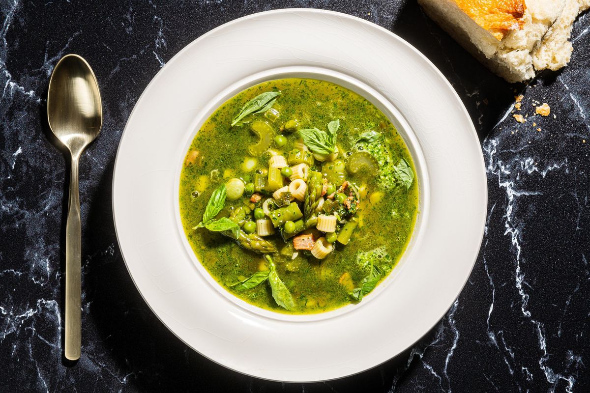 Minestrone verde uses a variety of vegetables, including peas, scallions, celery and asparagus.  (Rey Lopez/For the Washington Post)