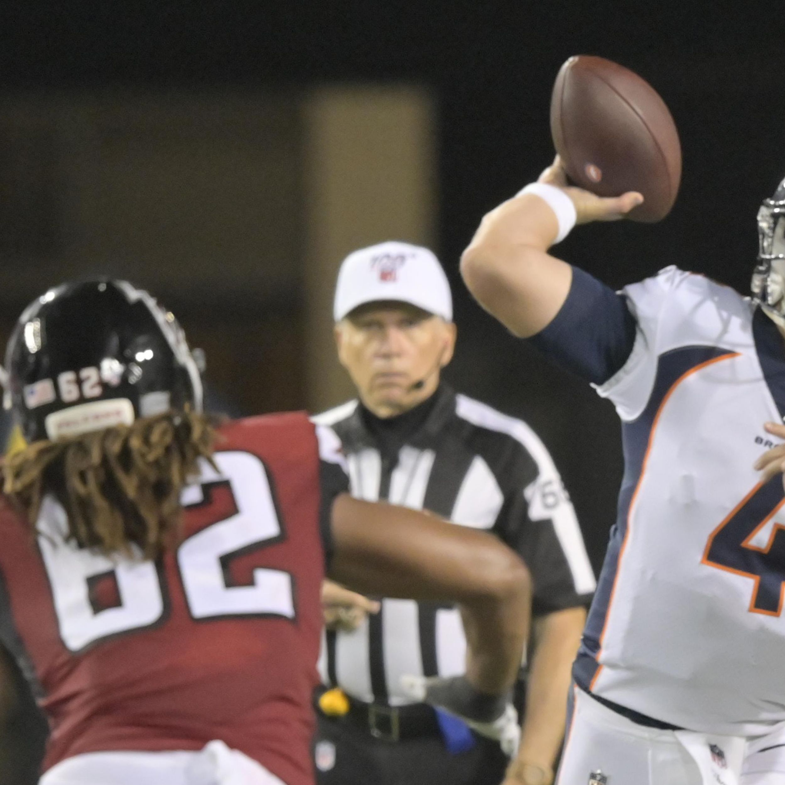 Denver Broncos quarterback Brett Rypien (4) looks to throw against the  Atlanta Falcons during the second half of the Pro Football Hall of Fame NFL  preseason game, Thursday, Aug. 1, 2019, in