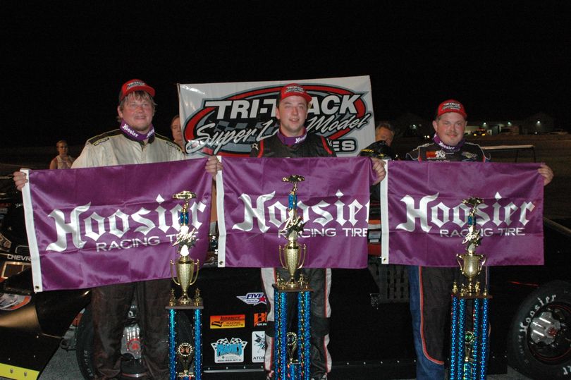 Idaho Tune-Up 150 top-3 drivers include 3rd place Shelby Thompson (l), winner Blake Williams (c) and 3rd place finisher Braeden Havens (r). Photo courtesy of TTSLMS