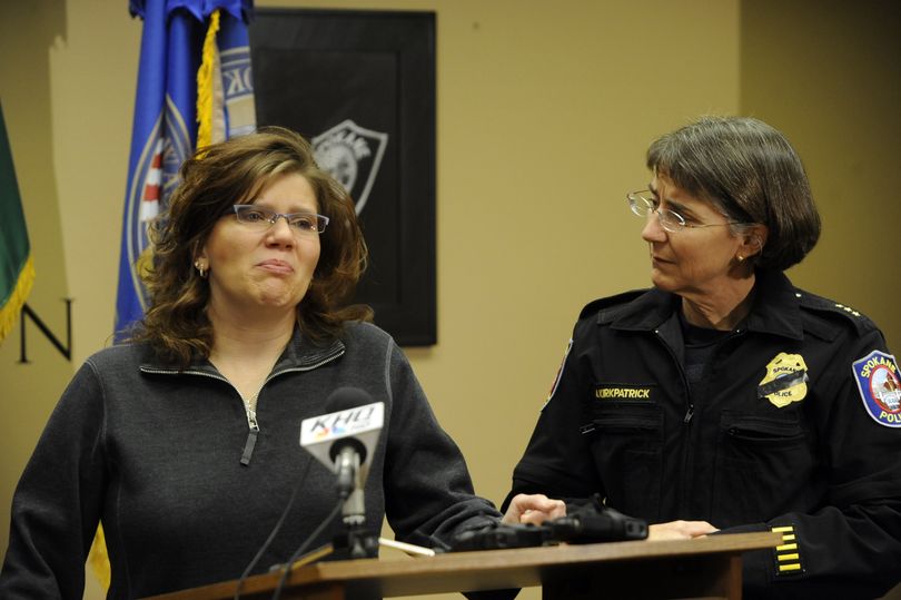 Tiffiny Ryan, sister of slain Lakewood police Officer Tina Griswold, speaks to the media in Spokane alongside police Chief Anne Kirkpatrick. Ryan works for the Spokane Police Department.jesset@spokesman.com (Jesse Tinsley)