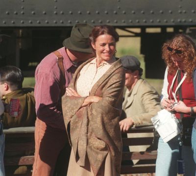Actress Karen Allen waits between shots during filming of 