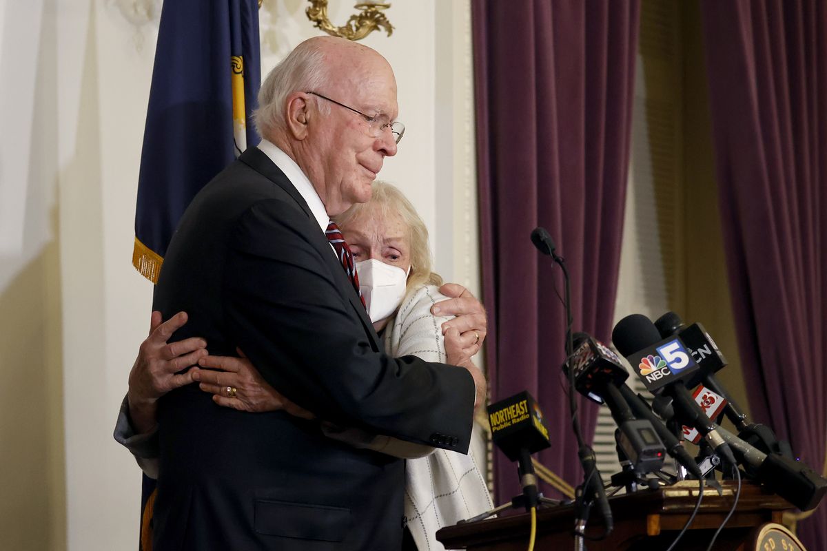 Sen. Patrick Leahy, D-Vt., hugs his wife Marcelle Pomerleau at the conclusion of a news conference at the Vermont State House to announce he will not seek re-election, Monday, Nov. 15, 2021, in Montpelier, V.T.  (Mary Schwalm)