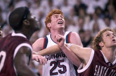 
Gonzaga freshman David Pendergraft, shown here battling for a rebound against Santa Clara on Feb. 5, has graded consistently high in rebounding over the course of the season.
 (Brian Plonka / The Spokesman-Review)