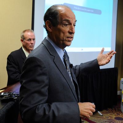 Portland attorney Paul Mones, right, with Kelly Clark, speaks during a press conference Thursday in Portland to publicly release the previously confidential documents created by the Boy Scouts of America. (Associated Press)