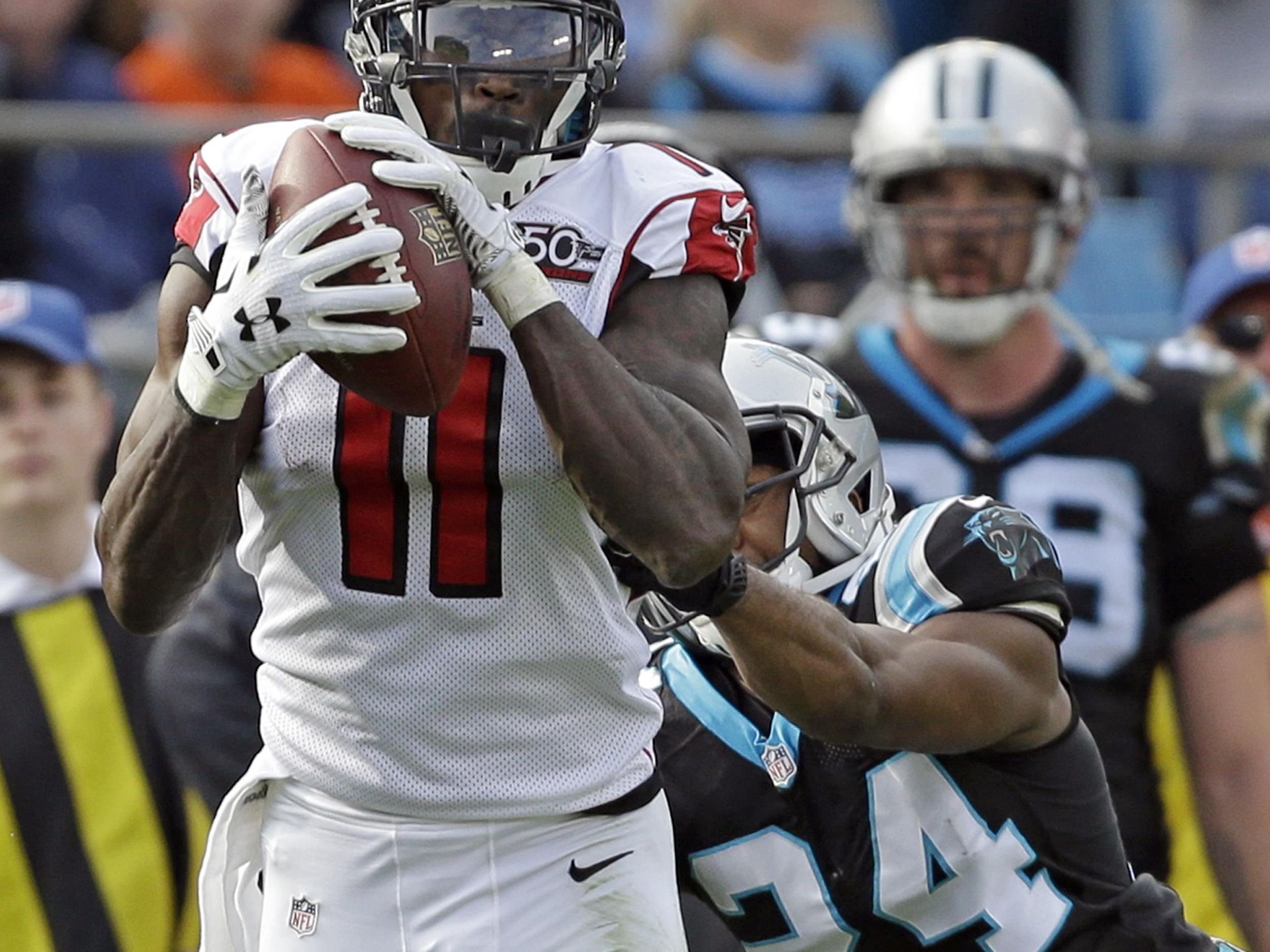 Atlanta Falcons wide receiver Julio Jones (11) is interviewed