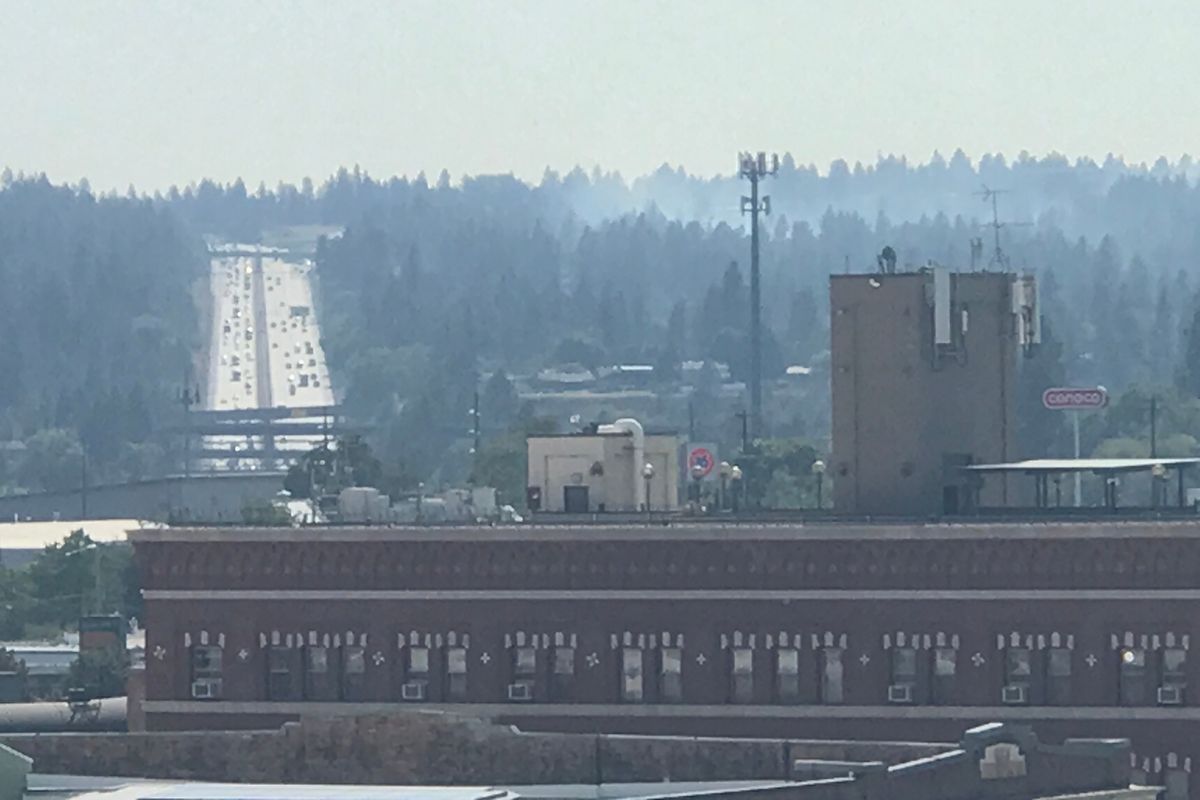 Smoke from a fire in the Sunset Hill area is seen from downtown Spokane on Wednesday.  (Jonathan Brunt/THE SPOKESMAN-REVIEW)